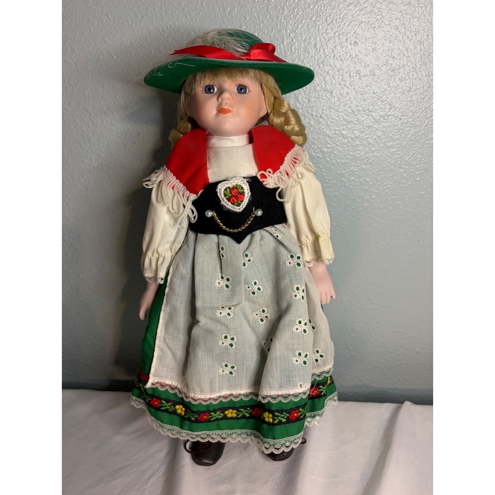 Vintage Porcelain German Alpine Folk Doll Blonde Braids Green Dirndl Outfit 16in